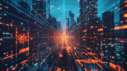 Obraz premium Abstract Cityscape with Intertwined Digital Lines