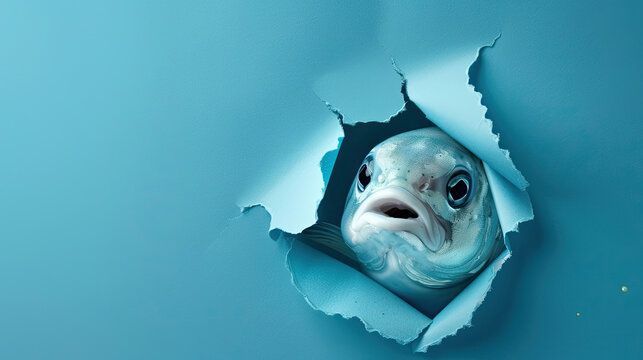 cute dinichthys peeking through a hole in a blue paper wall