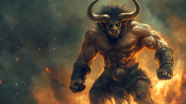 Minotaur is ready to combat on cool pose. Minotaur. Illustration