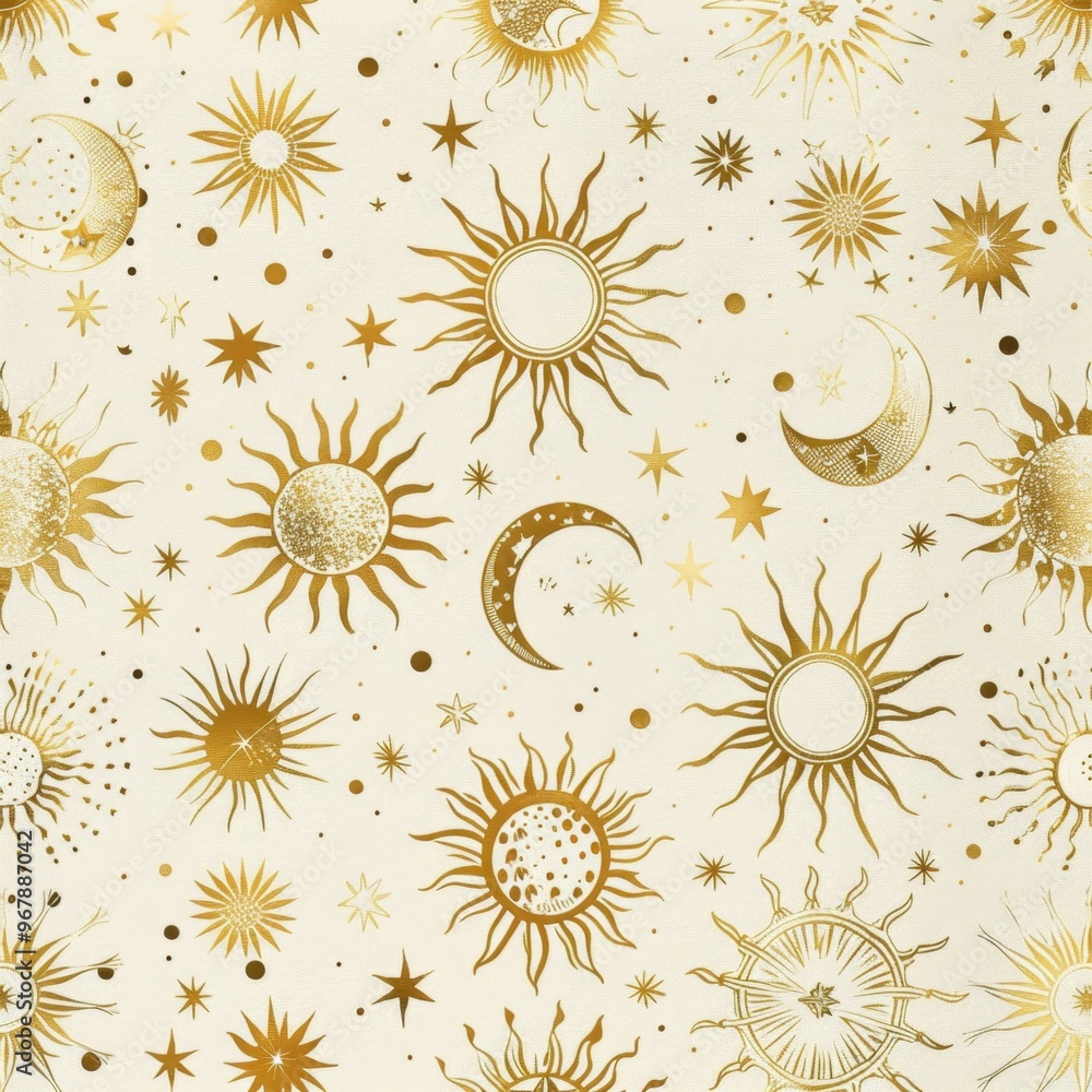 Wall mural retro celestial design with suns, moons, and stars in gold against a cream background, creating a vi