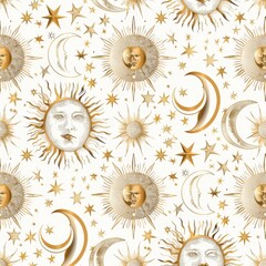Retro celestial design with suns, moons, and stars in gold against a cream background, creating a vintage and mystical pattern with intricate detailing and celestial elements.
