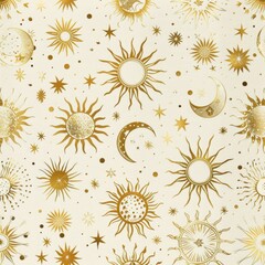 Retro celestial design with suns, moons, and stars in gold against a cream background, creating a vintage and mystical pattern with intricate detailing and celestial elements.