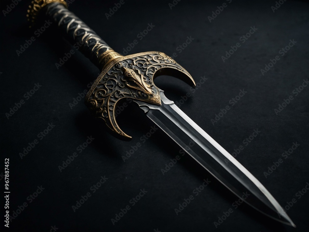 Poster gleaming sword set against a black backdrop, with sharp edges and detailed hilt.
