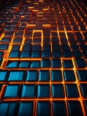 Glowing light squares create a futuristic abstract background with geometric shapes.