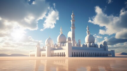 Obraz premium White mosque in the desert with blue sky behind