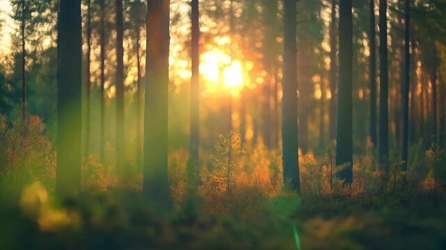 sunlit autumn forest with tall pine trees