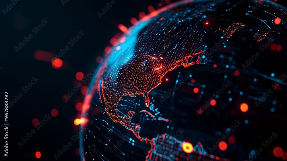 Poster a digital representation of earth with highlighted continents and glowing data points, illustrating 