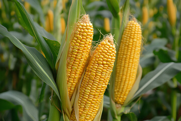 Close-up of ripe corn cobs on plants in a field.