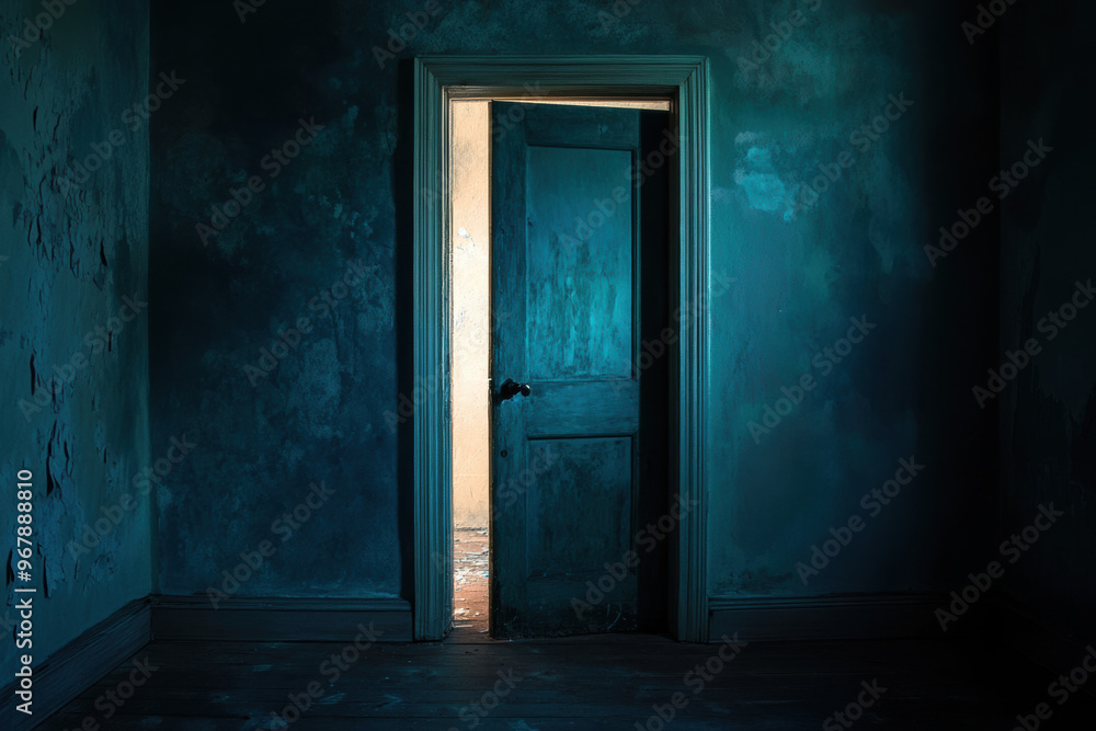 Poster a dark room illuminated only by light from an open door creates mysterious atmosphere. peeling walls