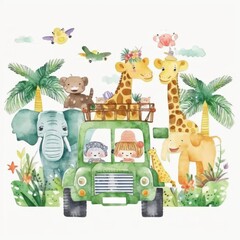 Watercolor illustration of a vibrant jungle scene with various animals and a jeep under lush palm trees