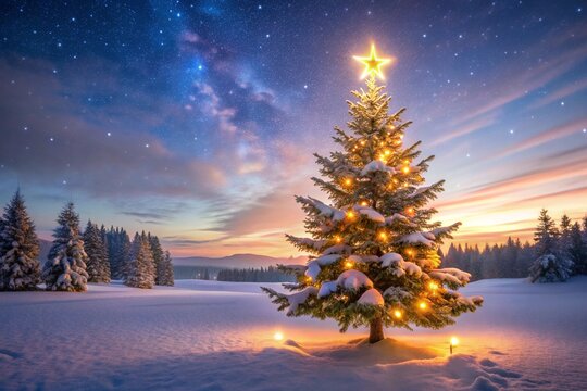 A beautiful christmas tree glowing with festive lights under a starry sky in a snowy landscape The evergreen tree is decorated with lights and topped with a star creating a serene and magical scene