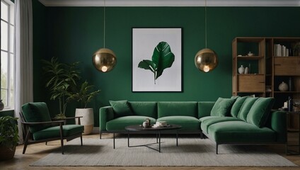 Green sofa in a minimalist living room with framed artwork and a green wall.