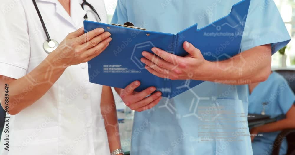 Poster animation of data processing and chemical formula over diverse doctors reading documents