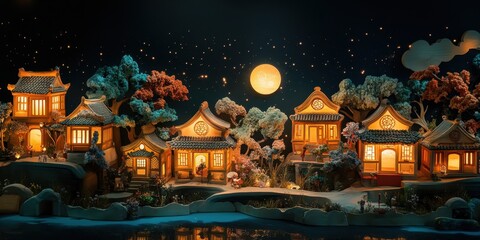 Fototapeta premium Enchanting Mooncake-Shaped Houses Illuminated in Festive Village Night Scene