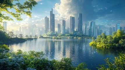 Obraz premium Digital Dreamscape: Hyperrealistic Fusion of Nature and Technology in Futuristic Cityscape