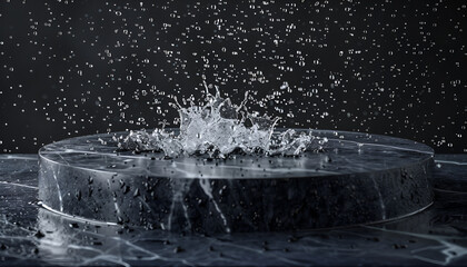 Black Stone Podium with Water Splash, Ideal Mock-Up for Cosmetic Product Presentation
