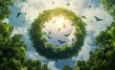 A Circular Forest Canopy with Birds in Flight