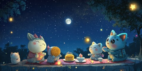Obraz premium Whimsical Mooncake Characters Enjoying a Tea Party under the Starry Sky