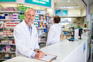 Pharmacy, worker and portrait of man with clipboard for inventory, prescription or info at counter. Medical, professional and mature pharmacist with checklist for healthcare, pills or record of order