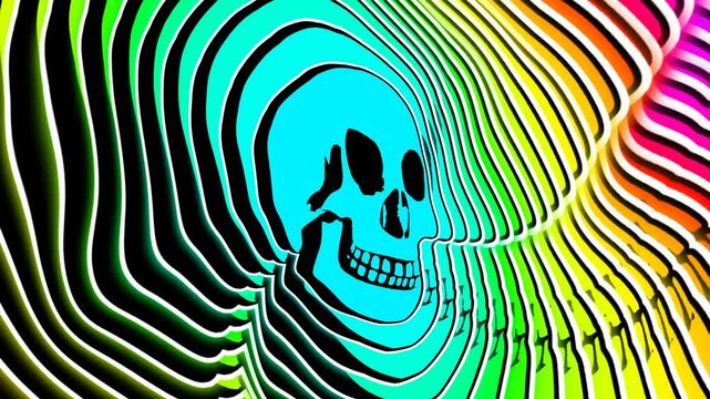 Seamless animation of a turbulent skull with echo effect. Funny halloween background with cartoon illustration style.