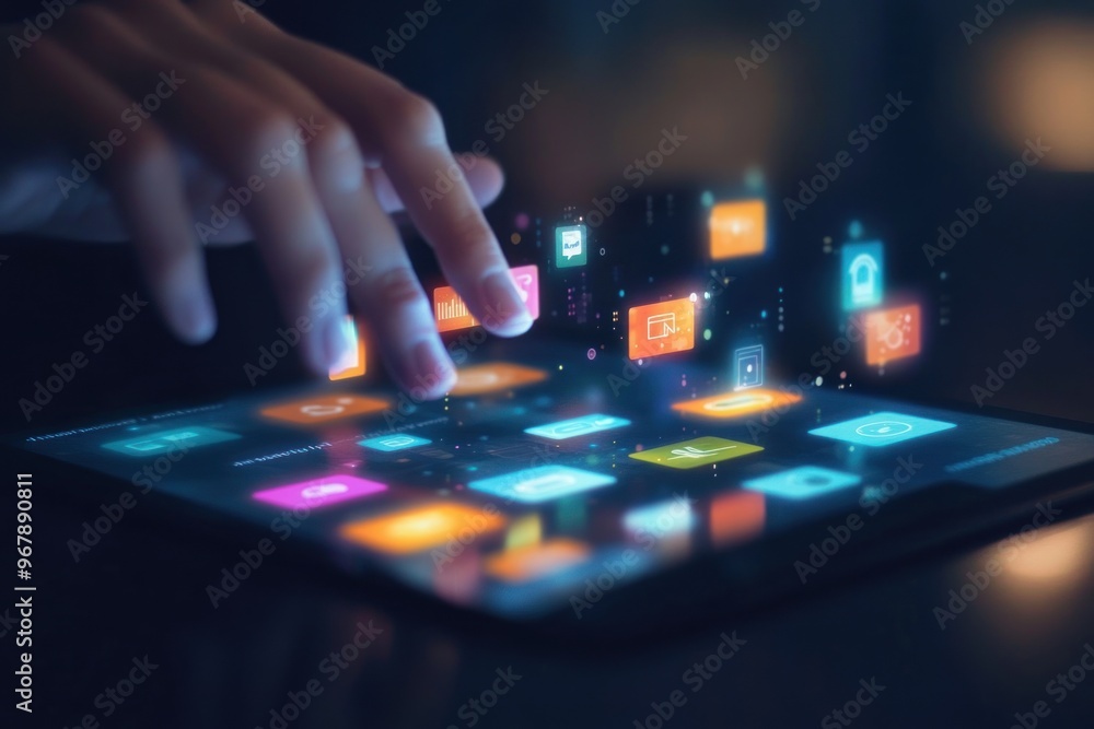 Poster interactive interface: a hand interacting with a digital tablet