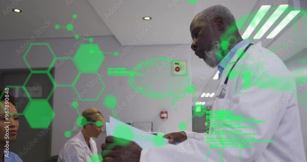 Poster animation of data processing with brains and molecules over diverse doctors in hospital