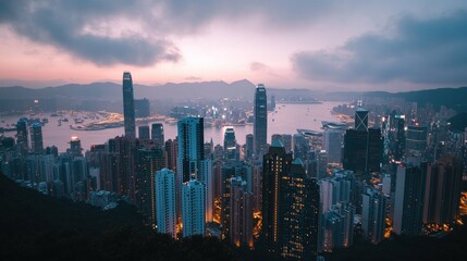 Fototapeta premium A panoramic view of a city skyline at dusk, showcasing tall buildings and a harbor.