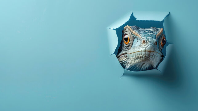 cute ichthyornis peeking through a hole in a blue paper wall