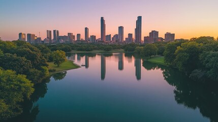 Fototapeta premium A serene skyline at sunset reflected in a tranquil lake surrounded by greenery.