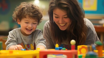 Joyful Child with Special Needs Engaging with Counselor Through Tactile Exploration Toy Set