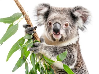 Fototapeta premium A koala is holding a branch with leaves in its mouth