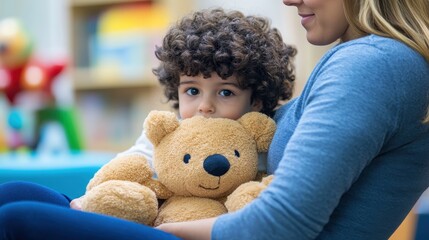 Compassionate Therapy: Special Needs Child Cuddling Plush Toy with Counselor, Promoting Playful Healing