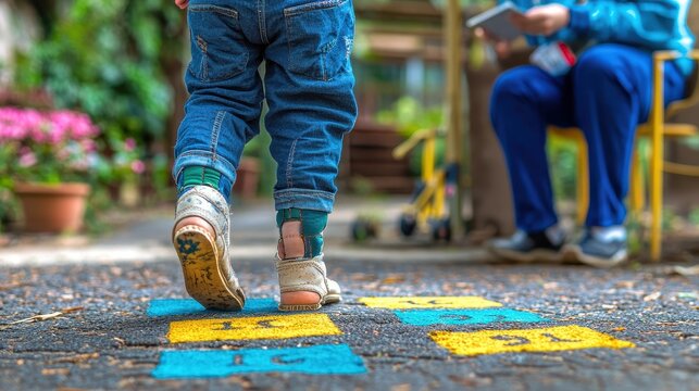 Inspiring Inclusive Play: Child with Prosthetic Leg Enjoys Hopscotch under Pediatrician's Watchful Eye