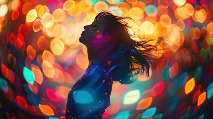 Silhouette of woman dancing in vibrant neon lights