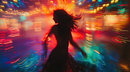 Silhouette of woman dancing in vibrant neon lights
