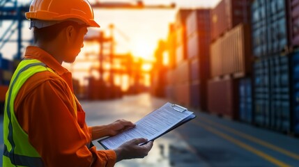 A worker in high-visibility clothing and helmet inspects documents at a shipping yard during sunset, surrounded by stacked cargo containers.