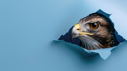 cute hawk peeking through a hole in a blue paper wall