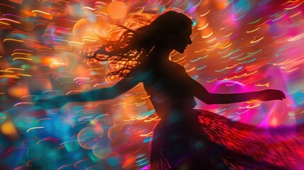 Silhouette of woman dancing in vibrant neon lights