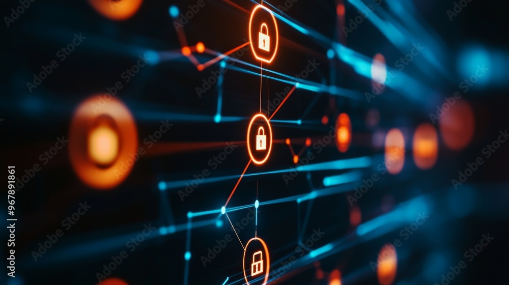 Poster abstract digital security network with glowing lock icons and connections. concept of cybersecurity,
