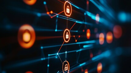 Abstract digital security network with glowing lock icons and connections. Concept of cybersecurity, data protection, and online privacy.
