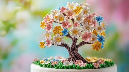 A white whole cake topped with a detailed little tree made of sugar flowers. A gorgeous whole cake. The tree trunk and branches are realistic 