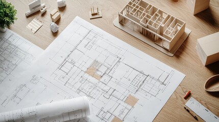 Architectural Blueprint and Scale Model of Residential or Commercial Building Design