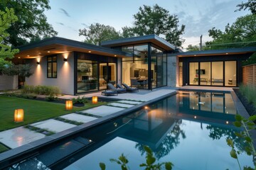 Fototapeta premium Small modern design home with backyard pool