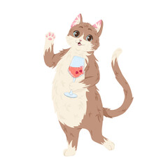 Tabby cat is standing on its hind legs. He's holding a glass with champagne in his front paws. Cat is waving Hi. Funny cartoon vector illustration for stickers, prints, invitations design, bar menu