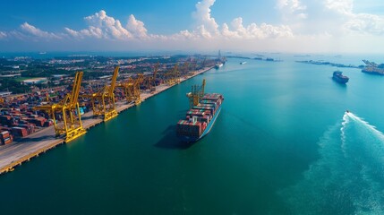 Naklejka premium Aerial view of a bustling shipping port with large cranes and cargo ships under a clear blue sky on a bright day.