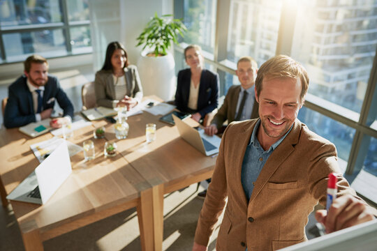 Businessman, b2b pitch and whiteboard for presentation, training and mentor for planning or discussion. Above workshop, meeting or collaboration for growth, future or project review for company goals