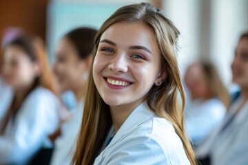 Fototapeta premium Portrait of a smiling young female doctor at medical training in seminar room