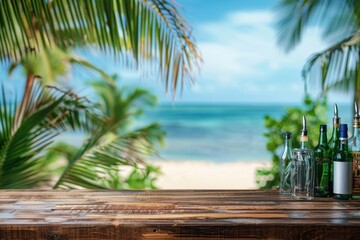 Exotic beach bar counter top with palm leaves and beach background