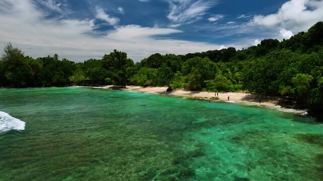 Aerial view of a beautiful tropical island with pristine beach, lush forest, and clear water in the Pacific, Shefa Province, Vanuatu.