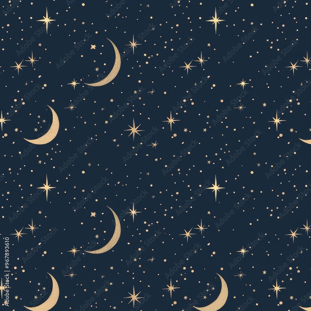Wall mural elegant celestial pattern with gold crescent moons and stars on a dark blue background, creating a l